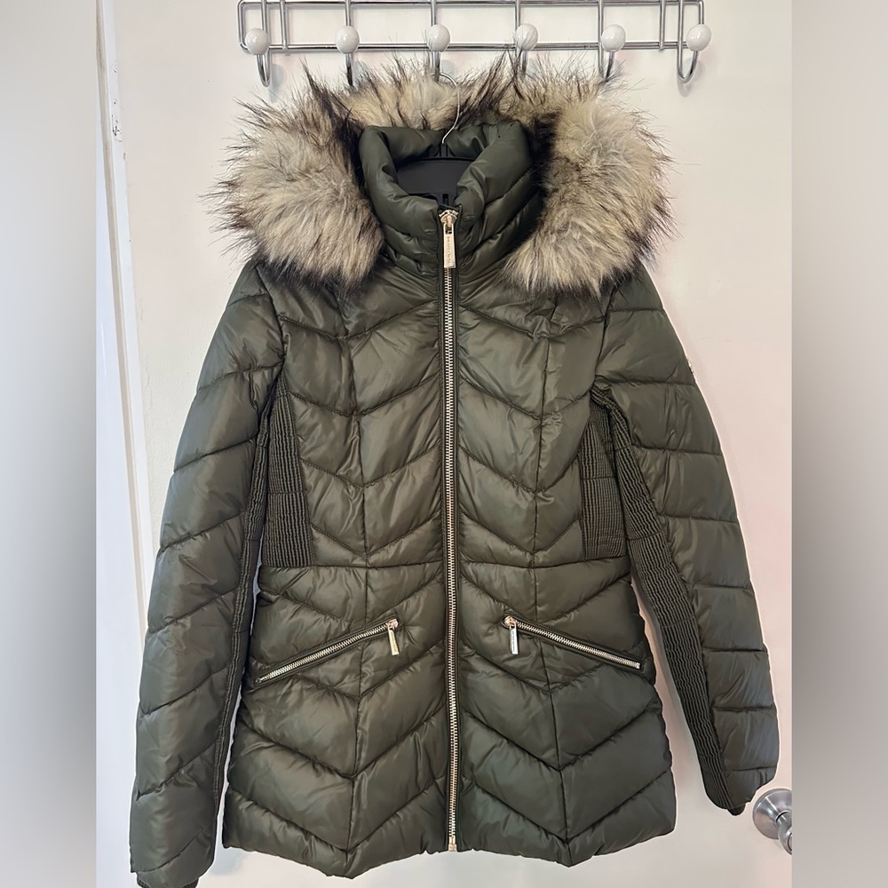 Michael Kors Olive Green Jacket with Faux Fur Hood, Size Small